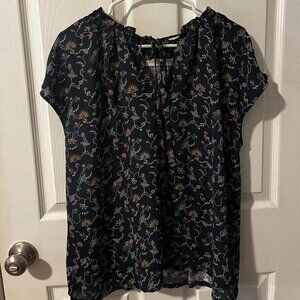 Loft Pheasant Ruffle Tie Neck Mixed Media Top